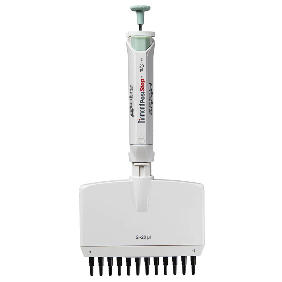 Globe Scientific Pipette, Diamond Posistop,  Autoclavable,12-Channel, 2-20ul, Red