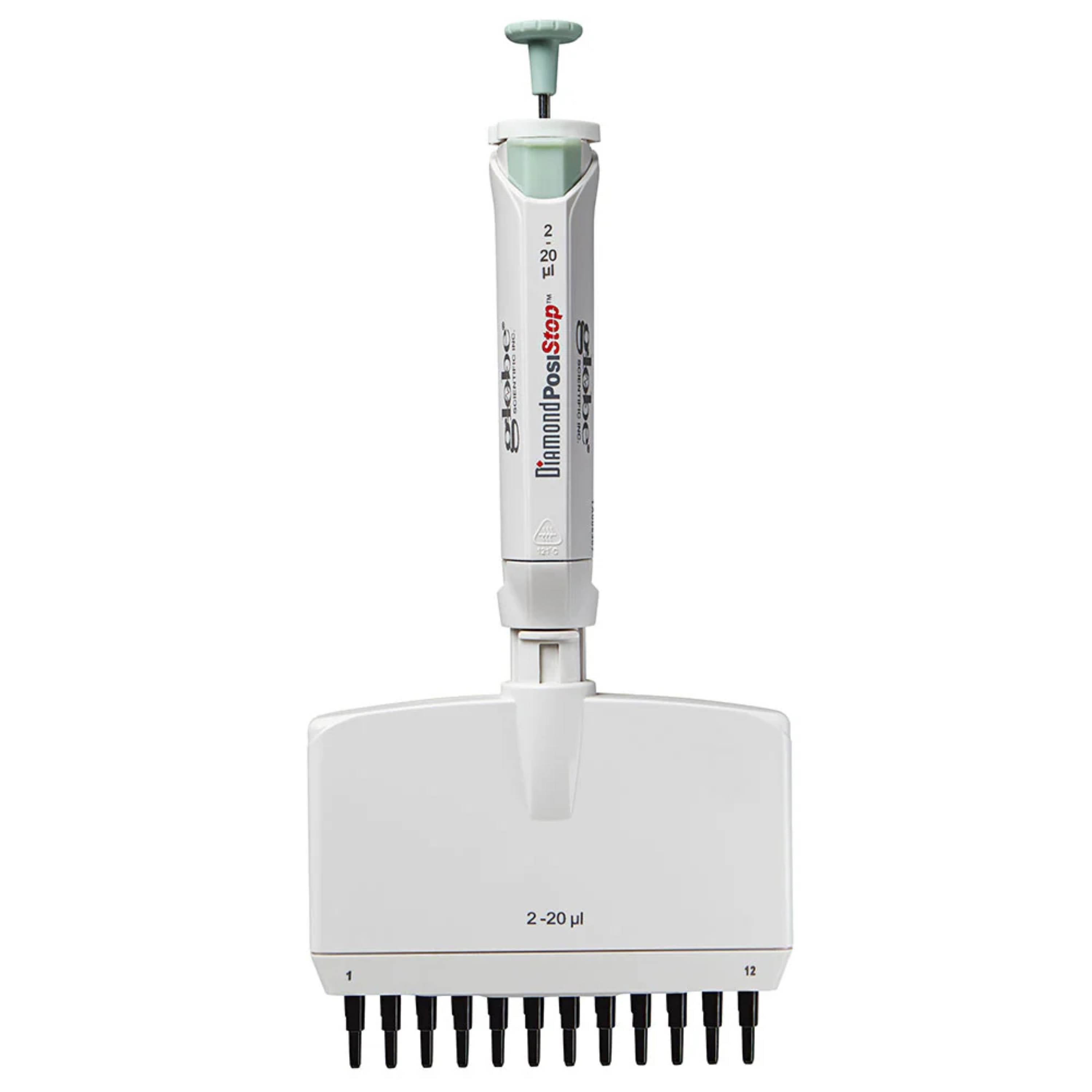 Globe Scientific Pipette, Diamond Posistop,  Autoclavable,12-Channel, 2-20ul, Red