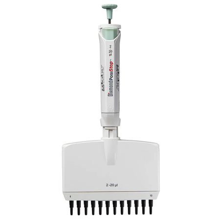 Globe Scientific Pipette, Diamond Posistop,  Autoclavable,12-Channel, 2-20ul, Red