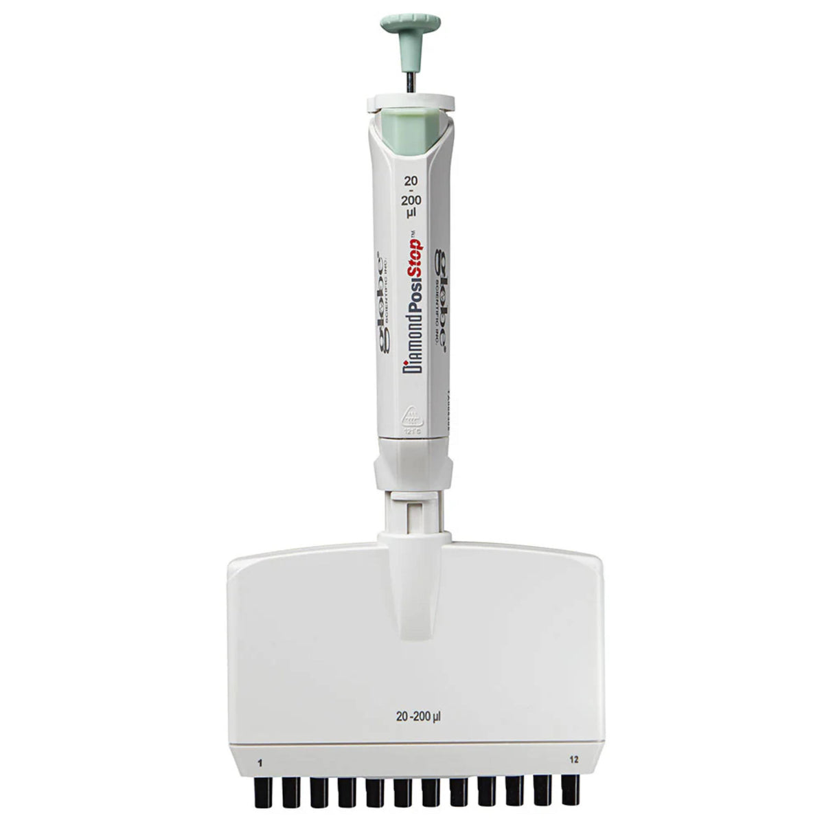 Globe Scientific Pipette, Diamond Posistop,  Autoclavable,12-Channel, 20-200ul, Green
