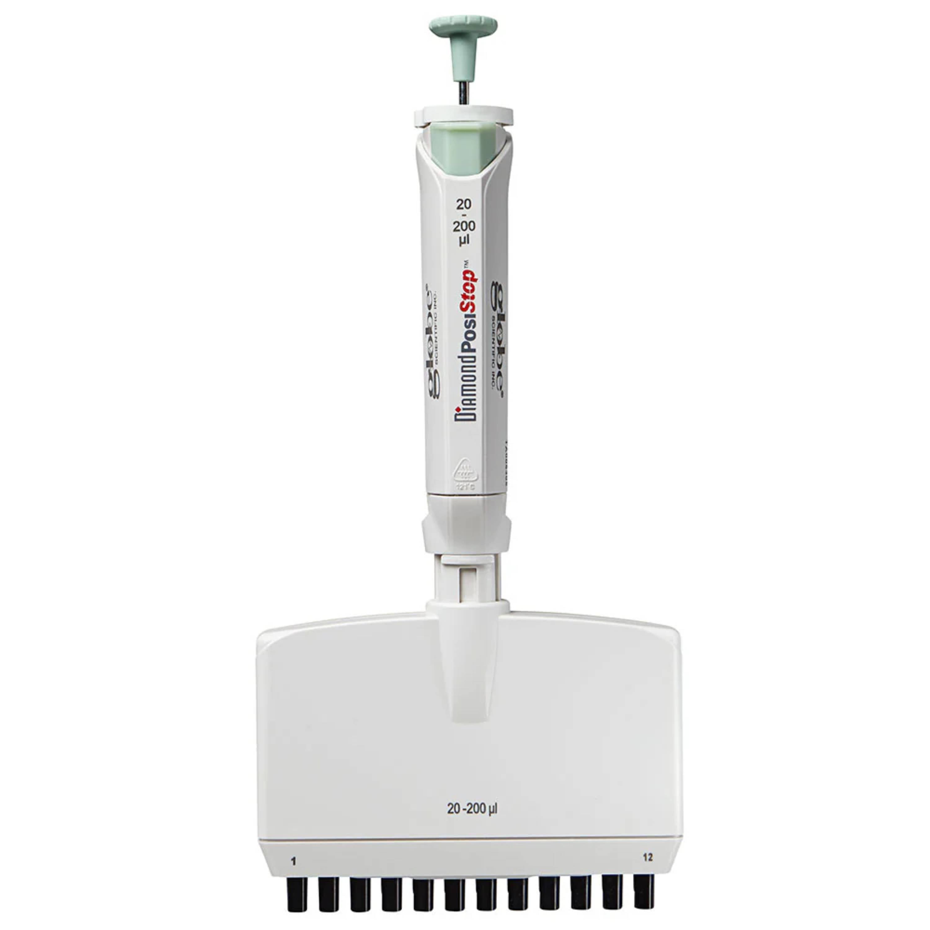 Globe Scientific Pipette, Diamond Posistop,  Autoclavable,12-Channel, 20-200ul, Green