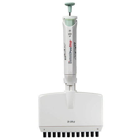 Globe Scientific Pipette, Diamond Posistop,  Autoclavable,12-Channel, 20-200ul, Green