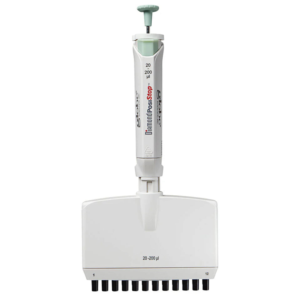 Globe Scientific Pipette, Diamond Posistop,  Autoclavable,12-Channel, 20-200ul, Green