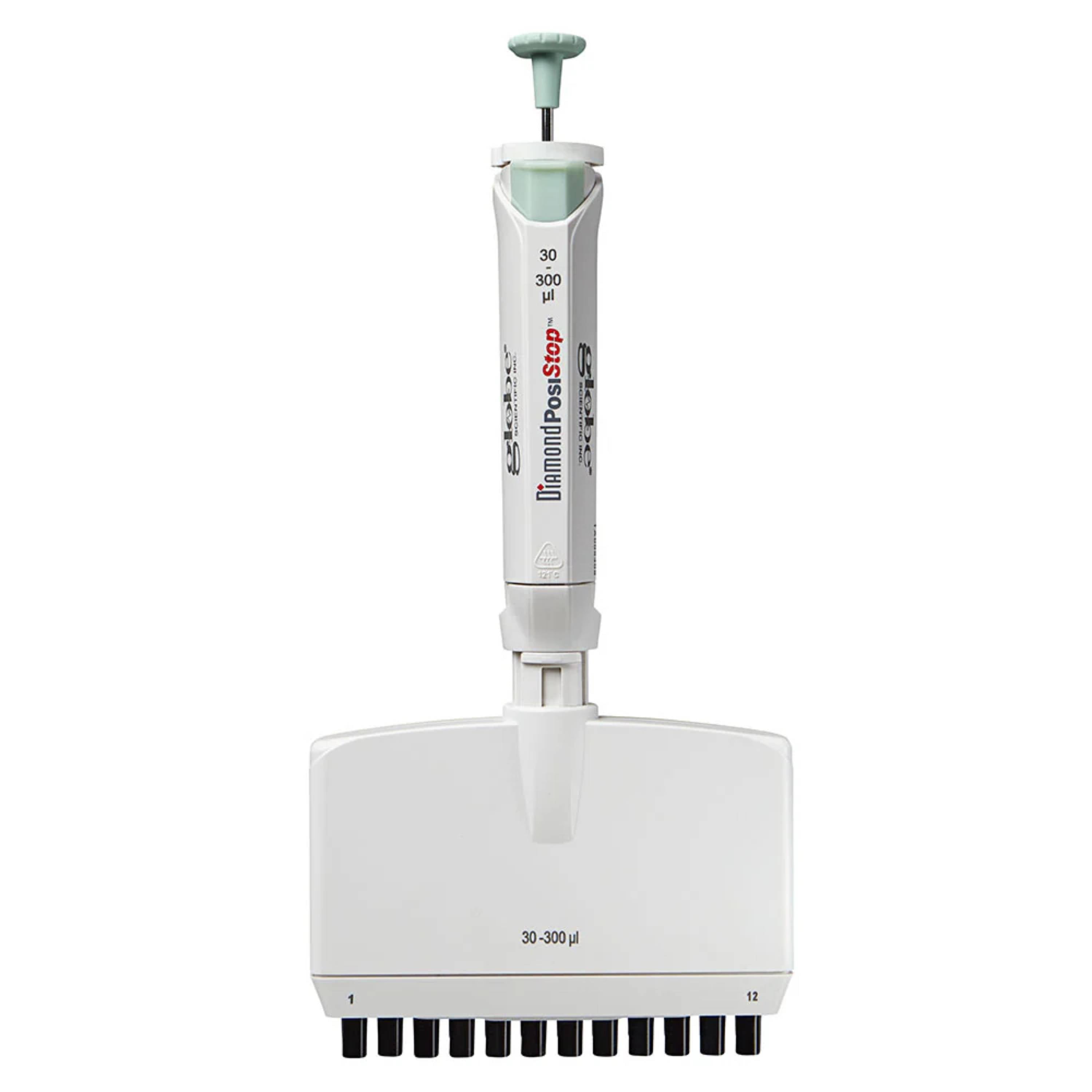 Globe Scientific Pipette, Diamond Posistop,  Autoclavable,12-Channel,30-300ul, Yellow
