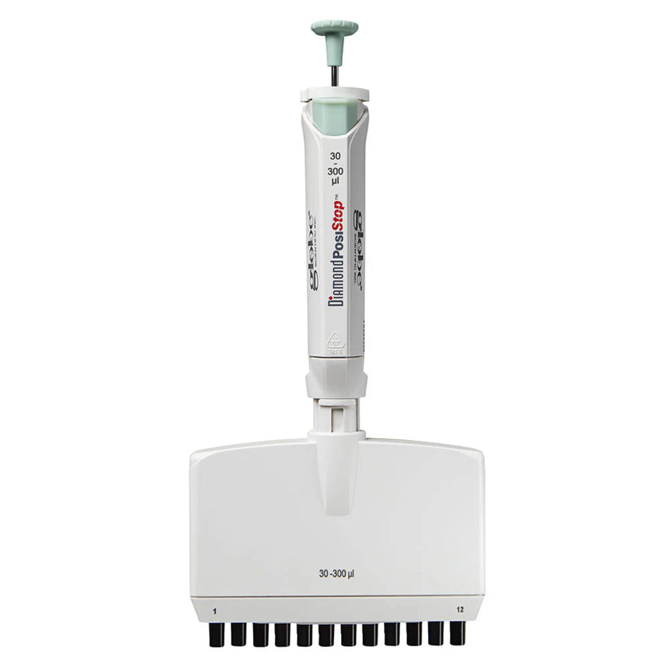 Globe Scientific Pipette, Diamond Posistop,  Autoclavable,12-Channel,30-300ul, Yellow