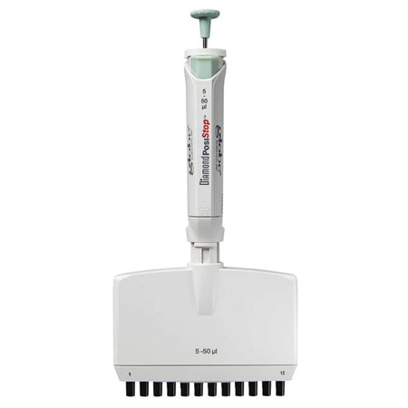 Globe Scientific Pipette, Diamond Posistop,  Autoclavable,12-Channel, 5-50ul, Green
