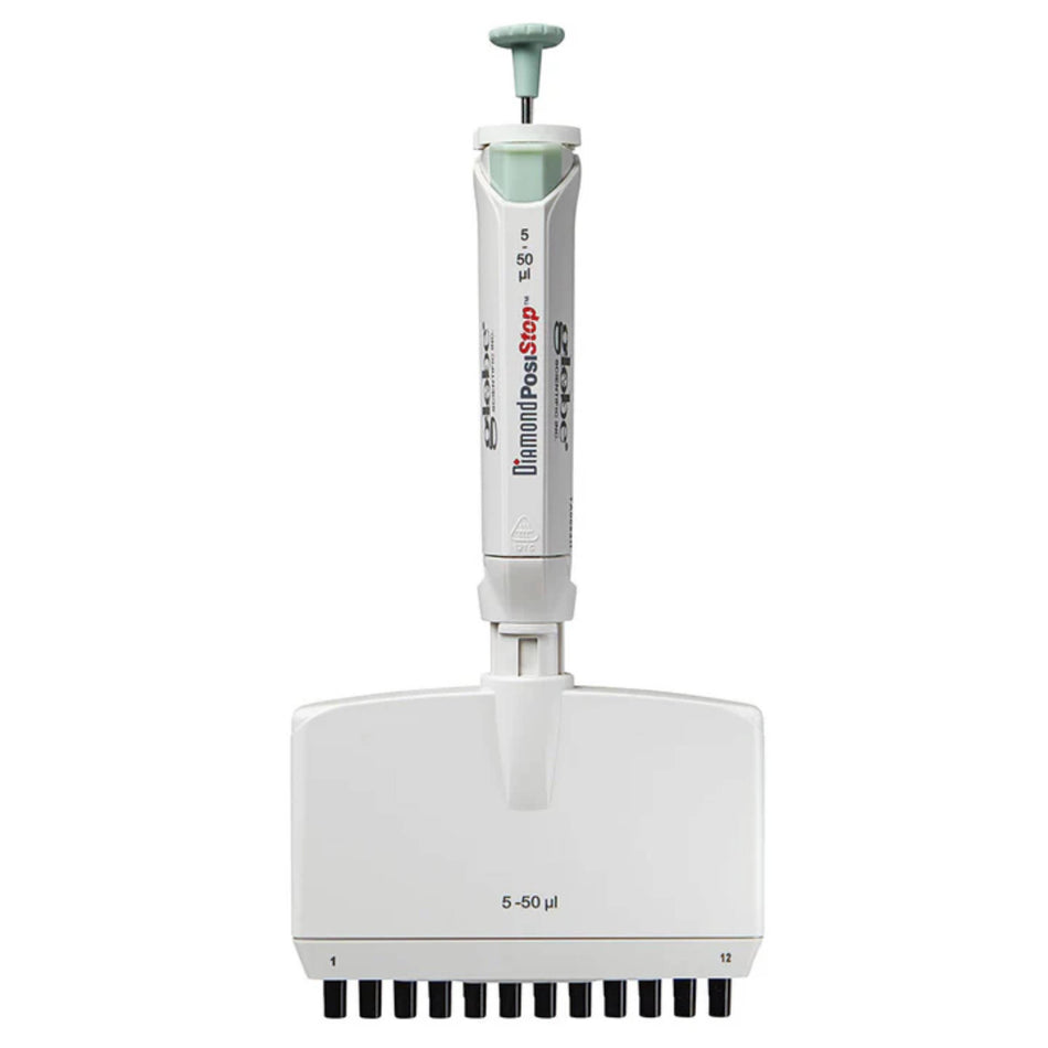 Globe Scientific Pipette, Diamond Posistop,  Autoclavable,12-Channel, 5-50ul, Green