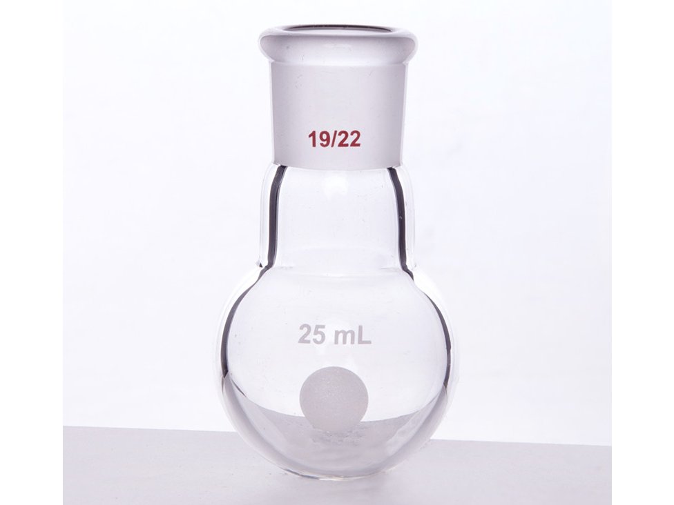 MSE PRO Single Neck Round Bottom Ball Bottle, Thick Wall High Strength, Grinding Mouth: 19/22, 25mL
