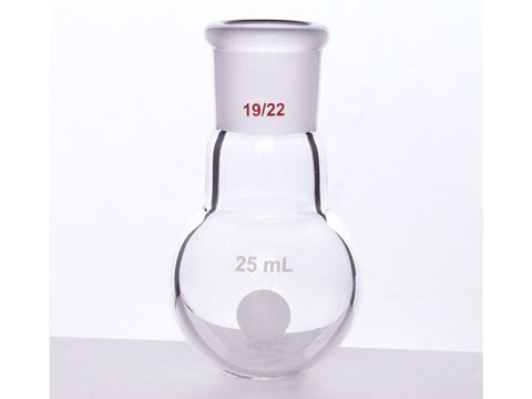 MSE PRO Single Neck Round Bottom Ball Bottle, Thick Wall High Strength, Grinding Mouth: 19/22, 25mL
