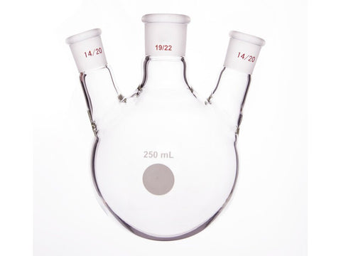 MSE PRO Slanted Three-Mouth Ball Bottle, Thick Wall and High Strength, Middle Grinding Mouth: 19/22, Side Grinding Mouth: 14/20, 250mL