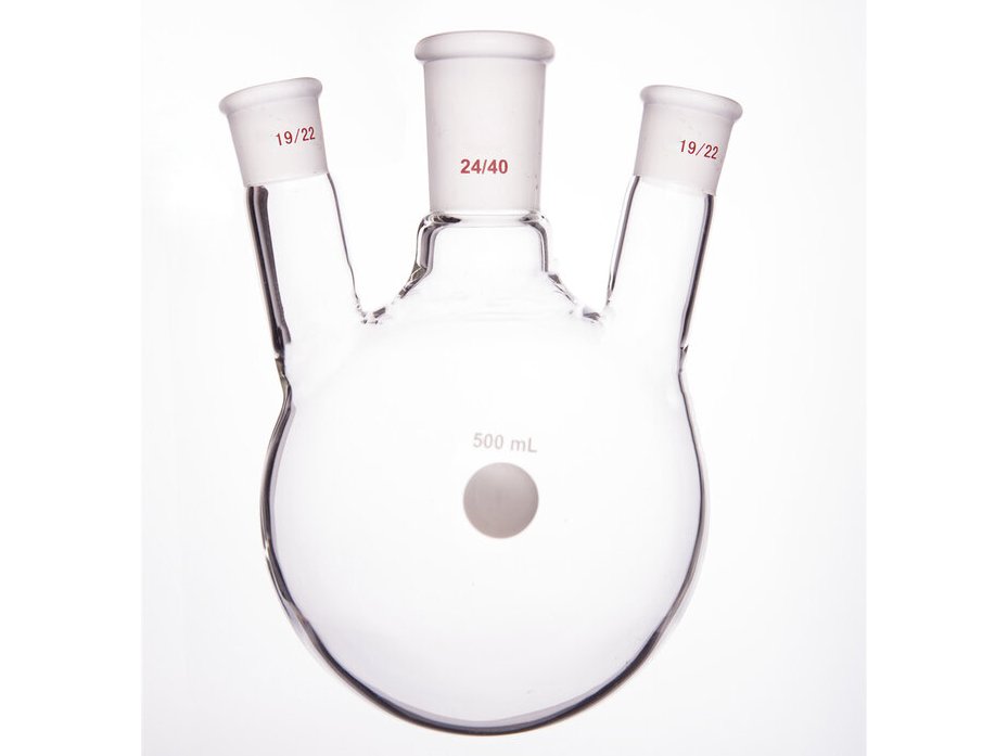 MSE PRO Slanted Three-Mouth Ball Bottle, Thick Wall and High Strength, Middle Grinding Mouth: 24/40, Side Grinding Mouth: 19/22, 500mL