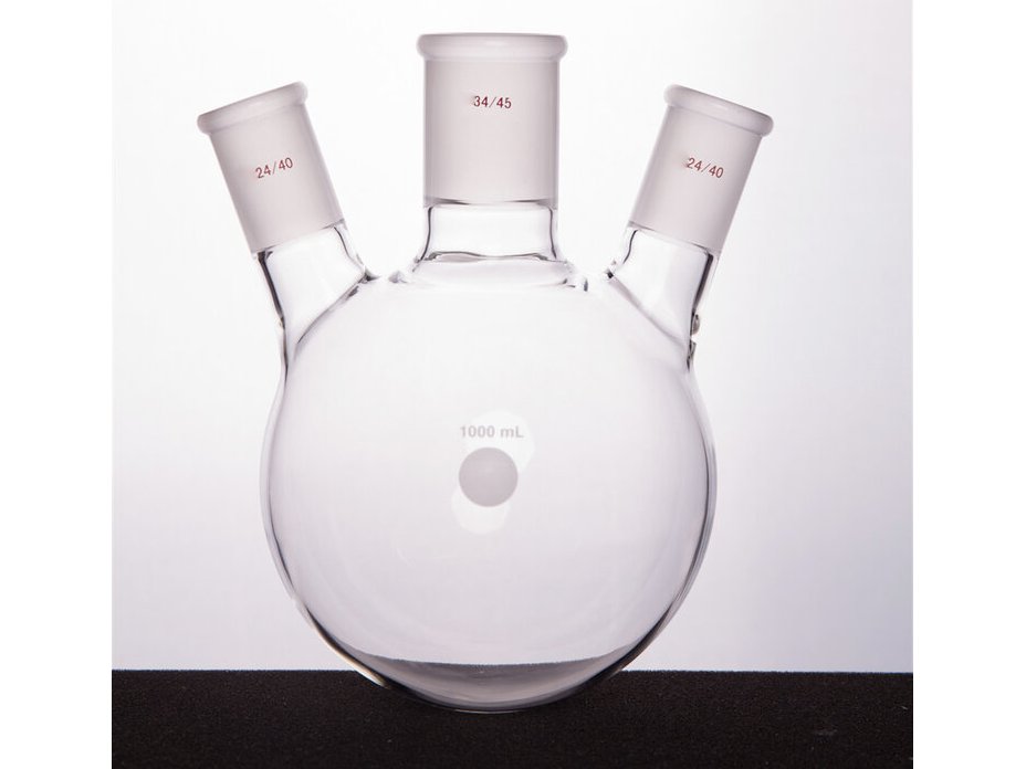 MSE PRO Slanted Three-Mouth Ball Bottle, Thick Wall and High Strength, Middle Grinding Mouth: 34/45, Side Grinding Mouth: 24/40, 1000mL