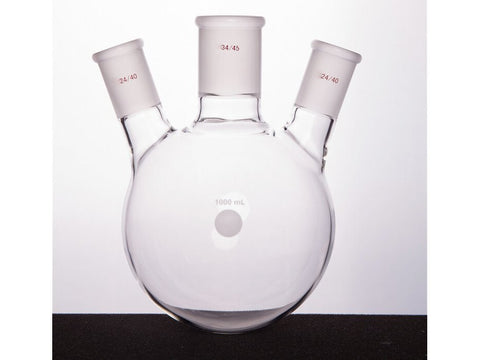 MSE PRO Slanted Three-Mouth Ball Bottle, Thick Wall and High Strength, Middle Grinding Mouth: 34/45, Side Grinding Mouth: 24/40, 1000mL