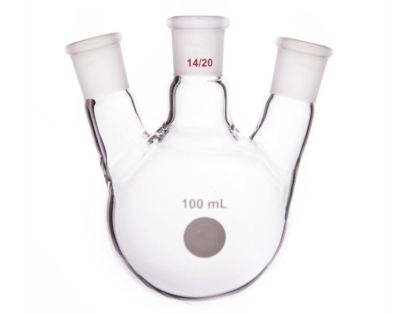 MSE PRO Slanted Three-Mouth Ball Bottle, Thick Wall and High Strength, Middle Grinding Mouth: 14/20, Side Grinding Mouth: 14/20, 100mL