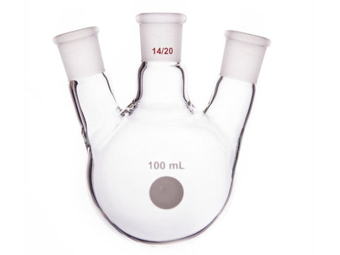 MSE PRO Slanted Three-Mouth Ball Bottle, Thick Wall and High Strength, Middle Grinding Mouth: 14/20, Side Grinding Mouth: 14/20, 100mL