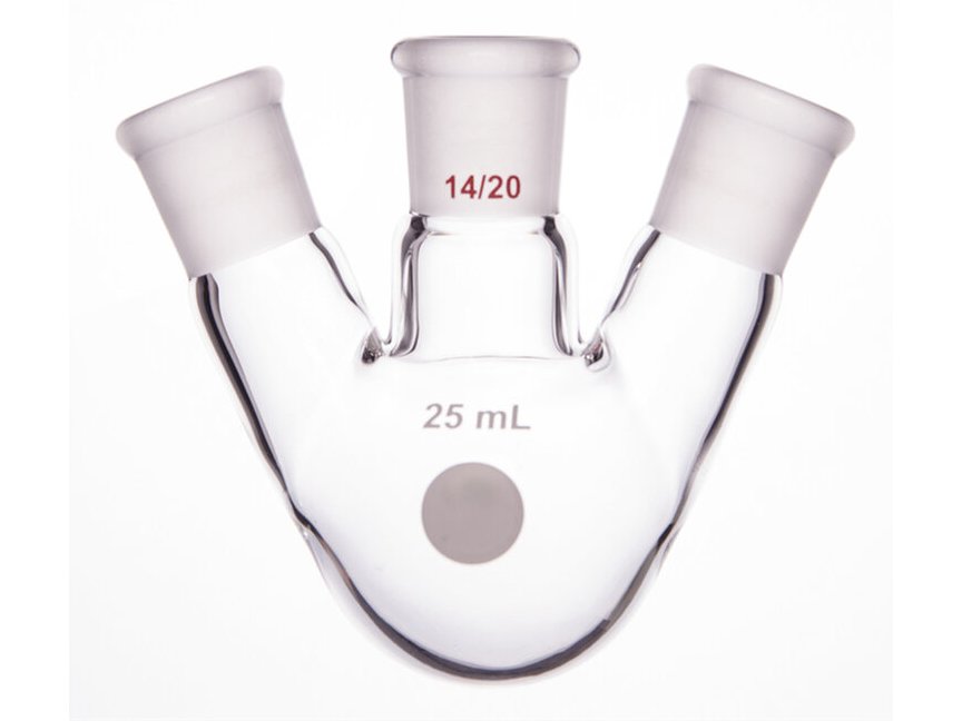 MSE PRO Slanted Three-Mouth Ball Bottle, Thick Wall and High Strength, Middle Grinding Mouth: 14/20, Side Grinding Mouth: 14/20, 25mL