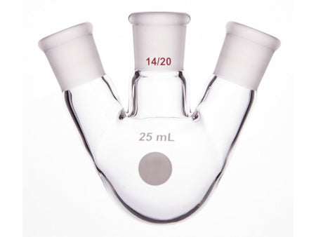 MSE PRO Slanted Three-Mouth Ball Bottle, Thick Wall and High Strength, Middle Grinding Mouth: 14/20, Side Grinding Mouth: 14/20, 25mL