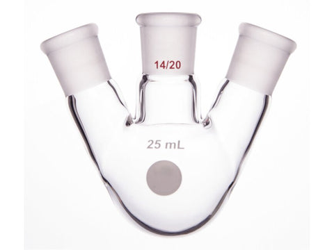 MSE PRO Slanted Three-Mouth Ball Bottle, Thick Wall and High Strength, Middle Grinding Mouth: 14/20, Side Grinding Mouth: 14/20, 25mL