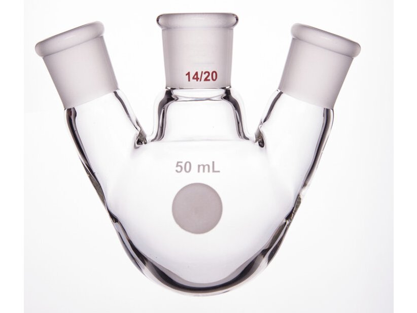 MSE PRO Slanted Three-Mouth Ball Bottle, Thick Wall and High Strength, Middle Grinding Mouth: 14/20, Side Grinding Mouth: 14/20, 50mL