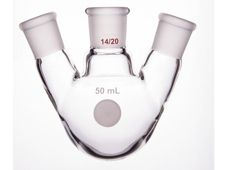 MSE PRO Slanted Three-Mouth Ball Bottle, Thick Wall and High Strength, Middle Grinding Mouth: 14/20, Side Grinding Mouth: 14/20, 50mL