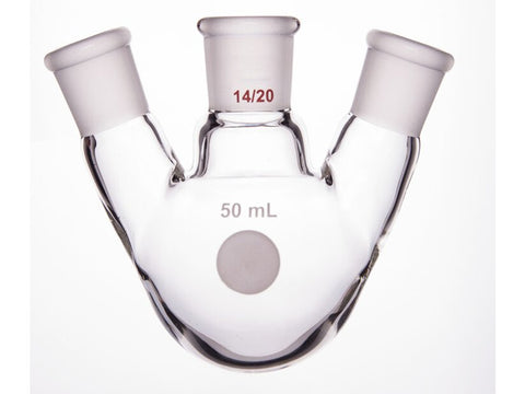 MSE PRO Slanted Three-Mouth Ball Bottle, Thick Wall and High Strength, Middle Grinding Mouth: 14/20, Side Grinding Mouth: 14/20, 50mL