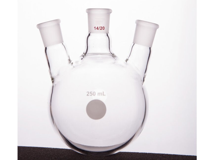 MSE PRO Slanted Three-Mouth Ball Bottle, Thick Wall and High Strength, Middle Grinding Mouth: 14/20, Side Grinding Mouth: 14/20, 250mL