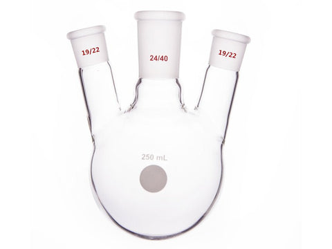 MSE PRO Slanted Three-Mouth Ball Bottle, Thick Wall and High Strength, Middle Grinding Mouth: 24/40, Side Grinding Mouth: 19/22, 250mL