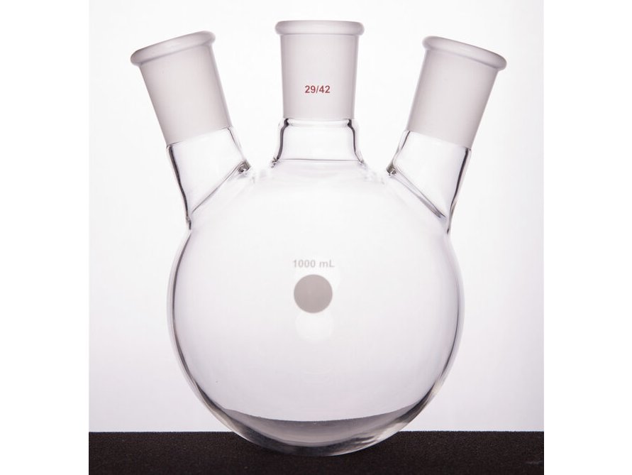 MSE PRO Slanted Three-Mouth Ball Bottle, Thick Wall and High Strength, Middle Grinding Mouth: 29/42, Side Grinding Mouth: 29/42, 1000mL