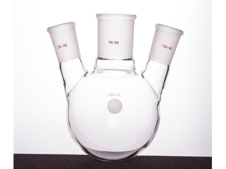MSE PRO Slanted Three-Mouth Ball Bottle, Thick Wall and High Strength, Middle Grinding Mouth: 34/45, Side Grinding Mouth: 24/40, 500mL
