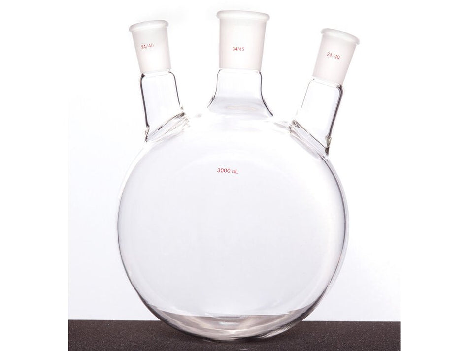 MSE PRO Slanted Three-Mouth Ball Bottle, Thick Wall and High Strength, Middle Grinding Mouth: 34/45, Side Grinding Mouth: 24/40, 3000mL