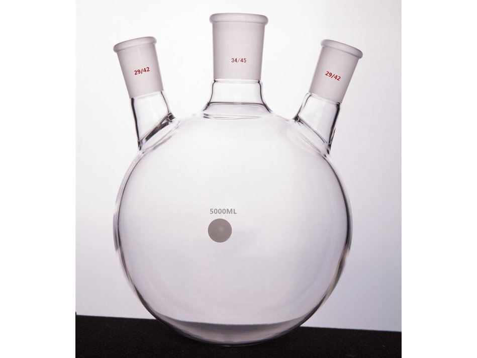 MSE PRO Slanted Three-Mouth Ball Bottle, Thick Wall and High Strength, Middle Grinding Mouth: 34/45, Side Grinding Mouth: 29/42, 5000mL