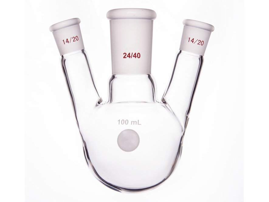 MSE PRO Slanted Three-Mouth Ball Bottle, Thick Wall and High Strength, Middle Grinding Mouth: 24/40, Side Grinding Mouth: 14/20, 100mL