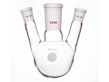 MSE PRO Slanted Three-Mouth Ball Bottle, Thick Wall and High Strength, Middle Grinding Mouth: 24/40, Side Grinding Mouth: 14/20, 100mL
