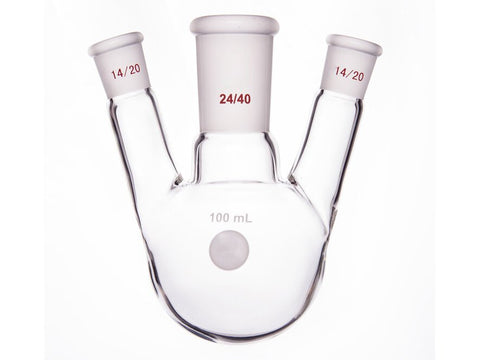 MSE PRO Slanted Three-Mouth Ball Bottle, Thick Wall and High Strength, Middle Grinding Mouth: 24/40, Side Grinding Mouth: 14/20, 100mL