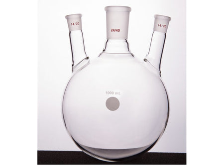 MSE PRO Slanted Three-Mouth Ball Bottle, Thick Wall and High Strength, Middle Grinding Mouth: 24/40, Side Grinding Mouth: 14/20, 1000mL