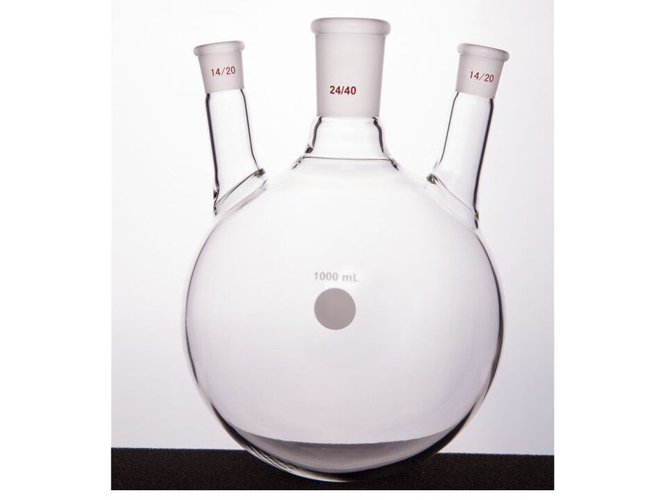 MSE PRO Slanted Three-Mouth Ball Bottle, Thick Wall and High Strength, Middle Grinding Mouth: 24/40, Side Grinding Mouth: 14/20, 1000mL