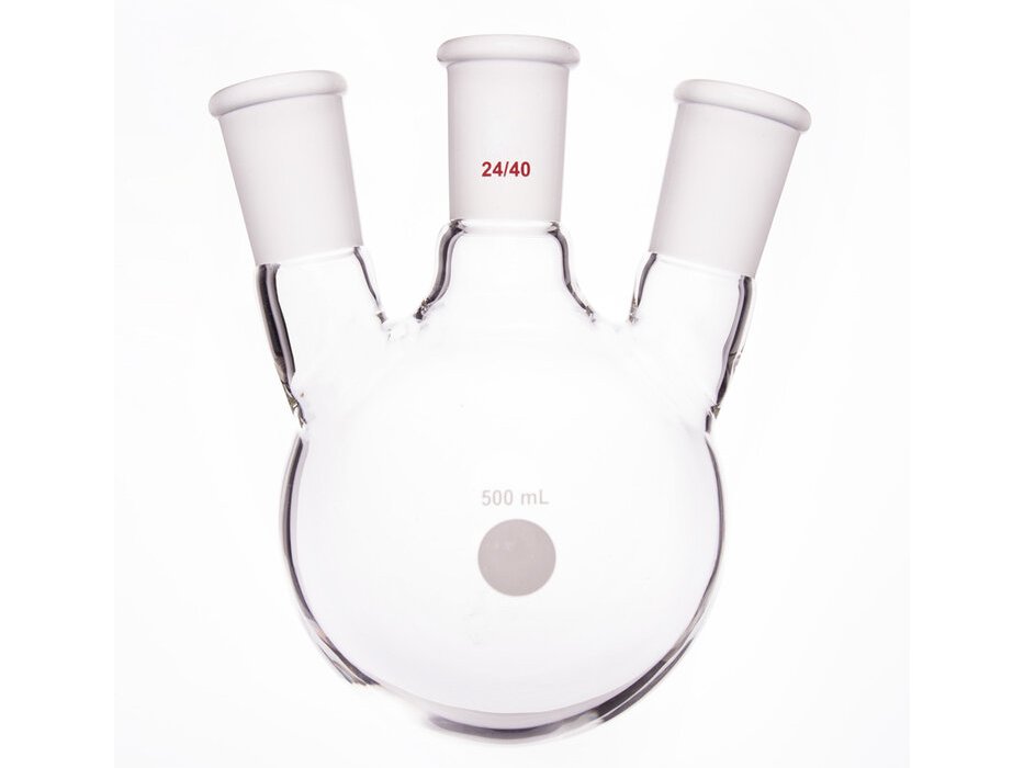 MSE PRO Slanted Three-Mouth Ball Bottle, Thick Wall and High Strength, Middle Grinding Mouth: 24/40, Side Grinding Mouth: 24/40, 500mL