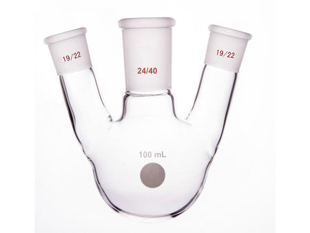 MSE PRO Slanted Three-Mouth Ball Bottle, Thick Wall and High Strength, Middle Grinding Mouth: 24/40, Side Grinding Mouth: 19/22, 100mL