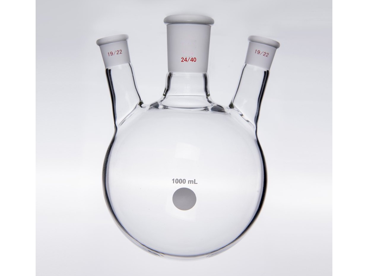 MSE PRO Slanted Three-Mouth Ball Bottle, Thick Wall and High Strength, Middle Grinding Mouth: 24/40, Side Grinding Mouth: 19/22, 1000mL