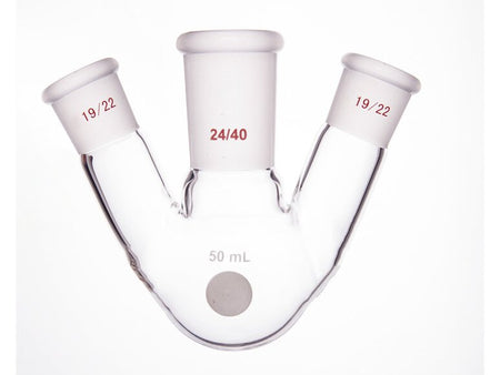 MSE PRO Slanted Three-Mouth Ball Bottle, Thick Wall and High Strength, Middle Grinding Mouth: 24/40, Side Grinding Mouth: 19/22, 50mL