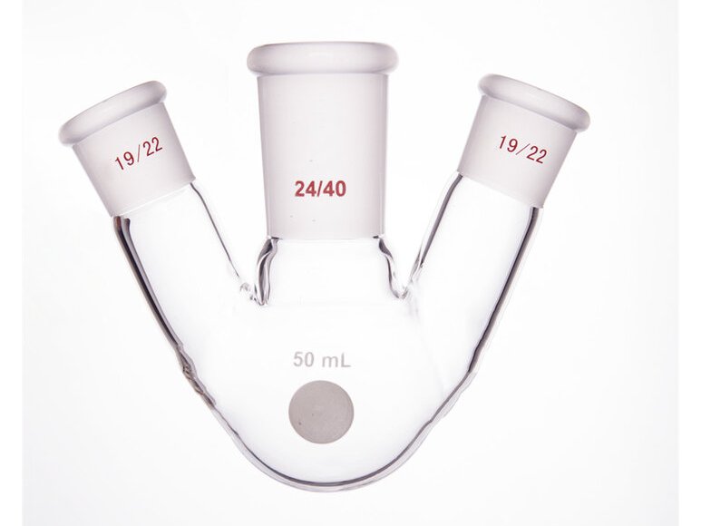 MSE PRO Slanted Three-Mouth Ball Bottle, Thick Wall and High Strength, Middle Grinding Mouth: 24/40, Side Grinding Mouth: 19/22, 50mL