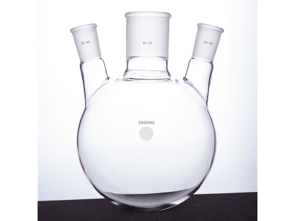 MSE PRO Slanted Three-Mouth Ball Bottle, Thick Wall and High Strength, Middle Grinding Mouth: 45/50, Side Grinding Mouth: 24/40, 3000mL
