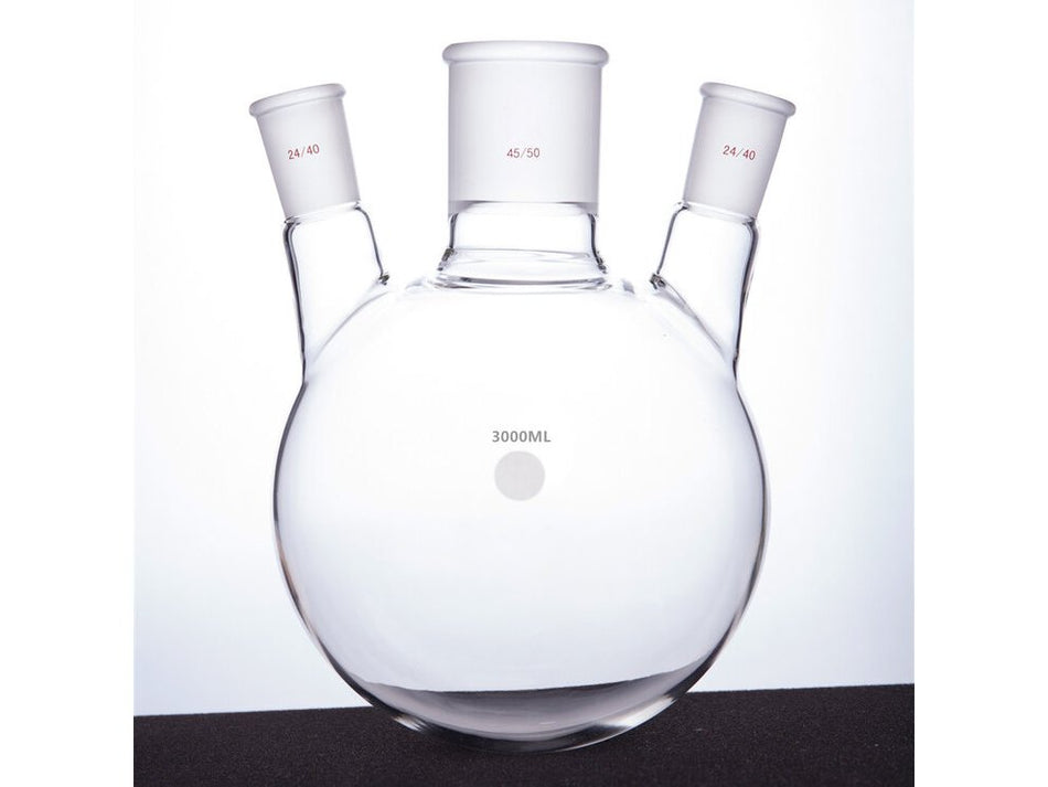 MSE PRO Slanted Three-Mouth Ball Bottle, Thick Wall and High Strength, Middle Grinding Mouth: 45/50, Side Grinding Mouth: 24/40, 3000mL