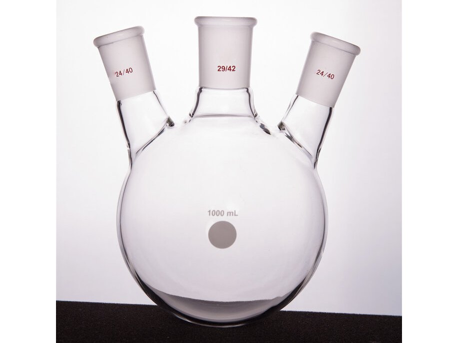 MSE PRO Slanted Three-Mouth Ball Bottle, Thick Wall and High Strength, Middle Grinding Mouth: 29/42, Side Grinding Mouth: 24/40, 1000mL