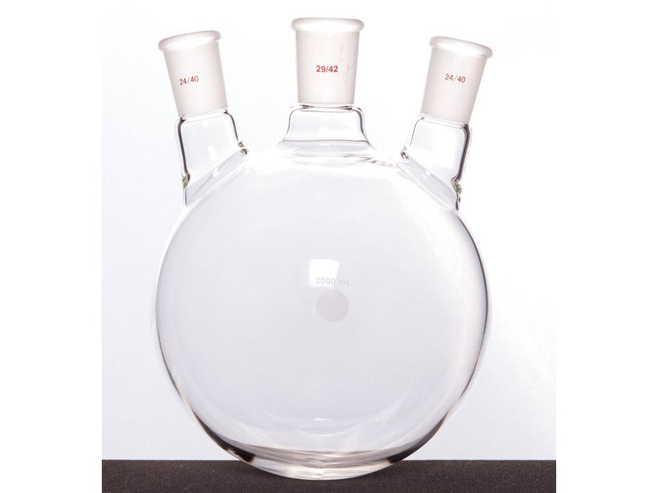 MSE PRO Slanted Three-Mouth Ball Bottle, Thick Wall and High Strength, Middle Grinding Mouth: 29/42, Side Grinding Mouth: 24/40, 2000mL