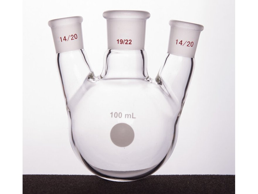 MSE PRO Slanted Three-Mouth Ball Bottle, Thick Wall and High Strength, Middle Grinding Mouth: 19/22, Side Grinding Mouth: 14/20, 100mL