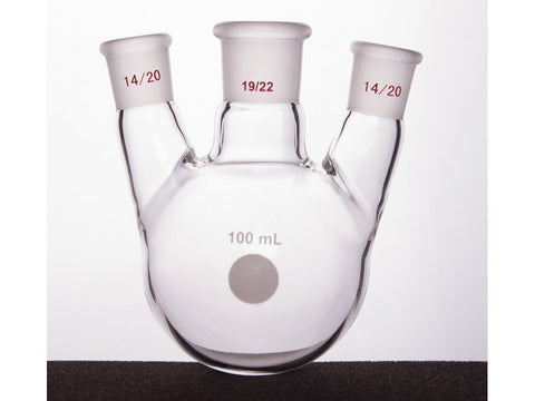 MSE PRO Slanted Three-Mouth Ball Bottle, Thick Wall and High Strength, Middle Grinding Mouth: 19/22, Side Grinding Mouth: 14/20, 100mL