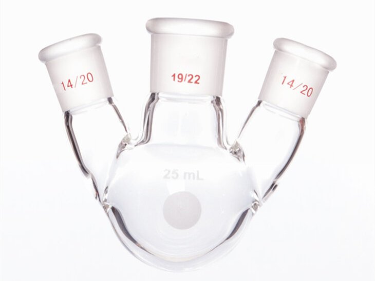 MSE PRO Slanted Three-Mouth Ball Bottle, Thick Wall and High Strength, Middle Grinding Mouth: 19/22, Side Grinding Mouth: 14/20, 25mL
