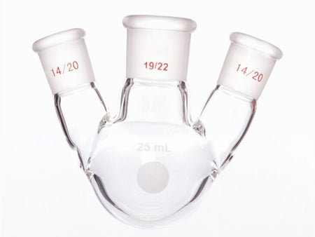 MSE PRO Slanted Three-Mouth Ball Bottle, Thick Wall and High Strength, Middle Grinding Mouth: 19/22, Side Grinding Mouth: 14/20, 25mL
