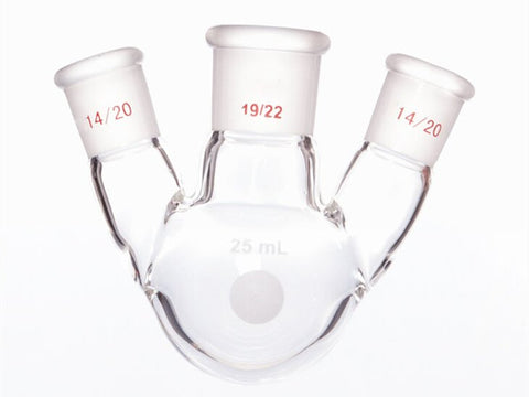 MSE PRO Slanted Three-Mouth Ball Bottle, Thick Wall and High Strength, Middle Grinding Mouth: 19/22, Side Grinding Mouth: 14/20, 25mL